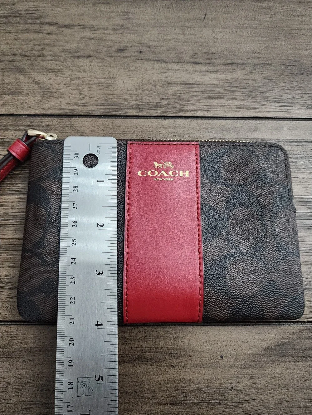 Coach Signature Canvas Wristlet in Brown and Red